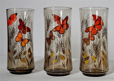 vintage amber butterfly and wheat drinking glasses