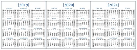 3 Year Printable Calendar 2019 2020 2021