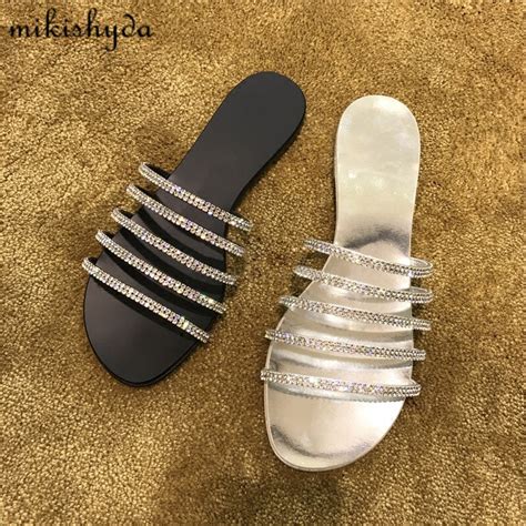 Bling Summer Glitter Slides Womens Leather Flat Sandal 2017 Women Crystal Flip Flops Escarpins