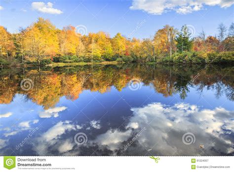 North Carolina Autumn Colored Trees Lake Water Reflection Stock Image