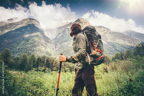 Man Explorer With Backpack Hiking Travel Lifestyle Concept Beautiful