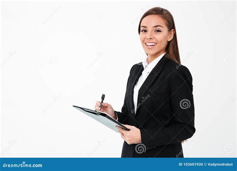 Cheerful Business Woman Holding Clipboard Stock Photo Image Of