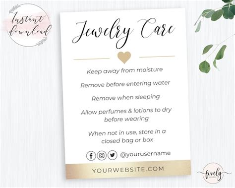 Care Instructions Card 100 Editable Jewelry Care Card Insert Care Card