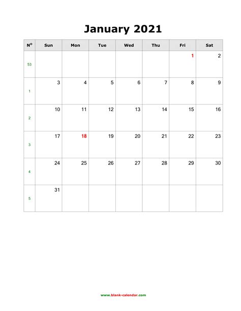 January 2021 Calendar Vertical 2021 Calendar