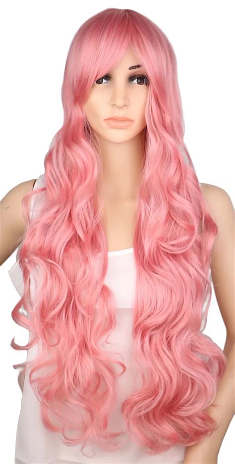 Qqxcaiw Long Curly Cosplay Wig For Women Party Pink 70 Cm High Temperature Synthetic Hair Wigs