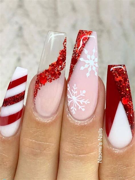 Pink And Red Christmas Nails With Snowflakes And Candy Cane Accents