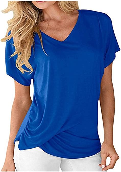 T Shirts Damen Shirt Sommer Kurzarm Modernas Lässig Unifarben V Ausschnitt Plissee Elastisch