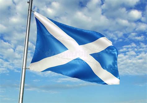 Scotland Flag Waving With Sky On Background Realistic 3d Illustration