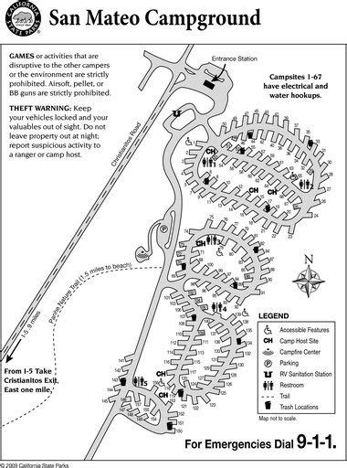 The San Mateo Campground Map Is Shown In Black And White With An Arrow