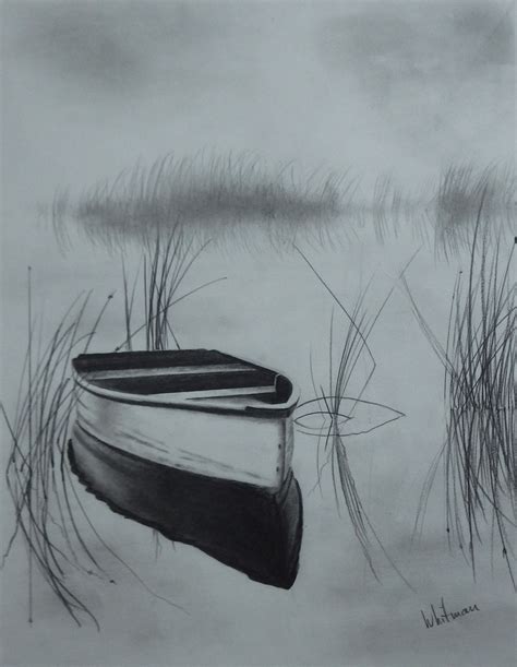 Misty Row Boat On The Lake Reflections Sketch Original Art Graphite