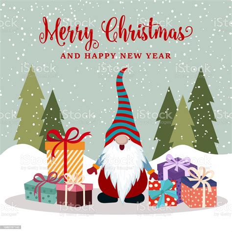 There's no place like gnome! Christmas Card With Happy Gnome And Presents Stock Illustration - Download Image Now - iStock