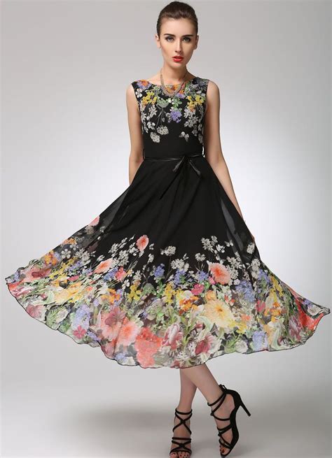 Floral Dress Women Sleeveless Dress Floral Chiffon Dress Etsy Black