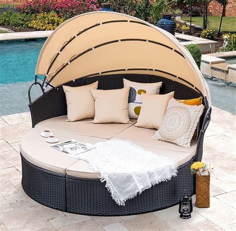 Homall Outdoor Daybed With Retractable Canopy Sectional Rattan Round