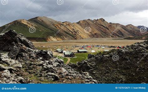 Landmannalaugar Campsite Iceland Highlands Accommodation Stock Image