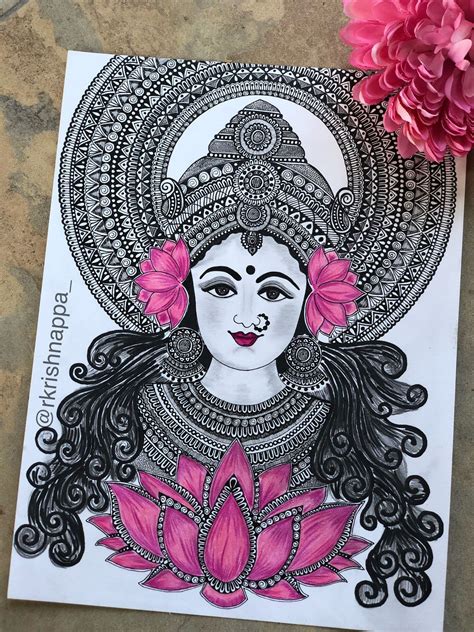 Hindu Goddess Lakshmi Art Print Lakshmi With Lotus Wall Decor Etsy