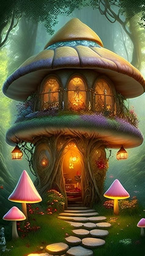 A Mushroom House In The Middle Of A Forest With Mushrooms Around It And