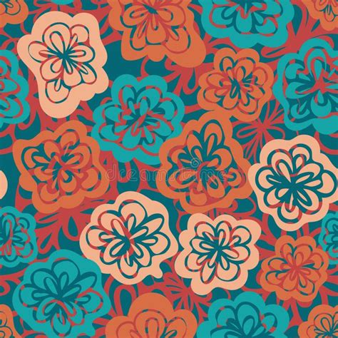 Seamless Vector Floral Pattern In Vibrant Teal And Orange Stock Vector