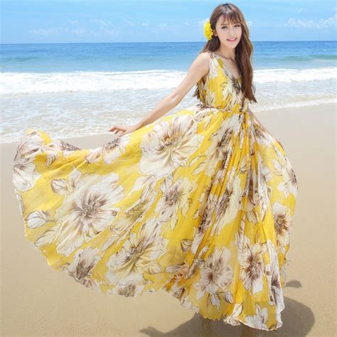 Lily Floral V Neck Bohemia Chiffon Sleeveless Full Dress Lightweight Comfortable Summer Holiday