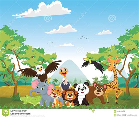 Illustration Of Happy Animal In The Jungle Stock Vector - Illustration of green, comic: 115109455