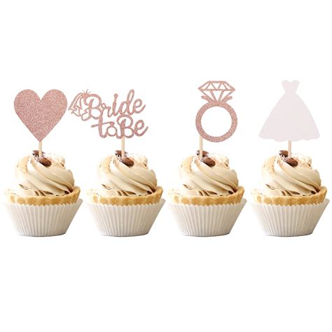 24 Pcs Bride To Be Cupcake Toppers With Heart Ring Dress Bridal Shower Cupcake Picks Wedding