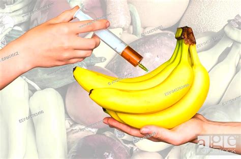 Genetically Modified Bananas Gmo Food Concept With Injection Syringe