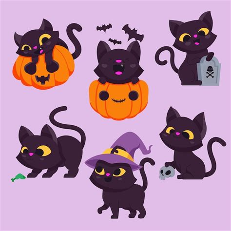 Premium Vector Set Of Cute Cartoon Black Cat Halloween Character