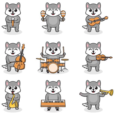 Vector Illustration Of Cute Wolf Playing Music Instruments Set Of Cute