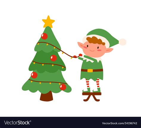 Childish Elf Decorating Christmas Tree Flat Vector Image