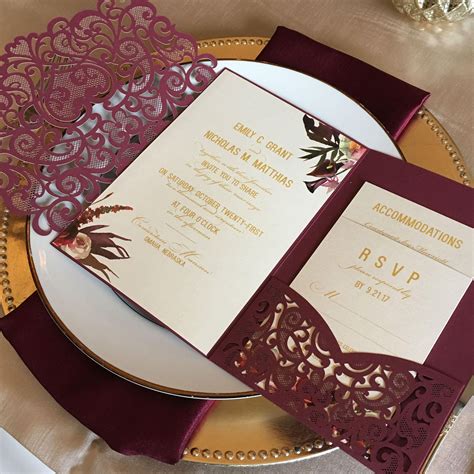 Laser Cut Pocket Wedding Invitation Kit Burgundy Wedding Etsy