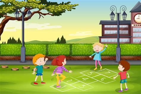 Children Playing Hopscotch In The Park Stock Vector Illustration Of