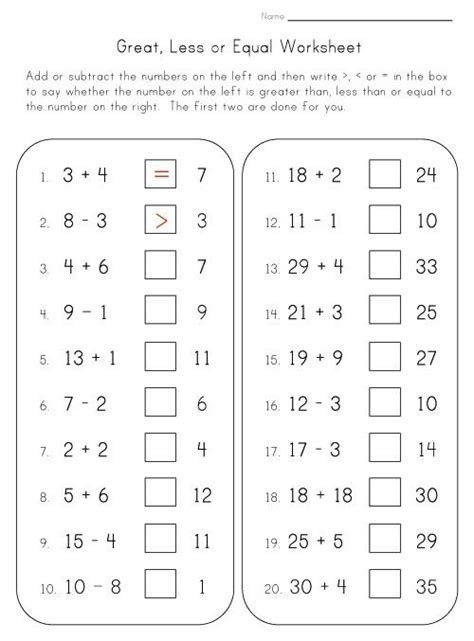 Addition basic facts worksheets (no theme)  50 questions   100 questions . greater than less than or equal to worksheet | Math ...