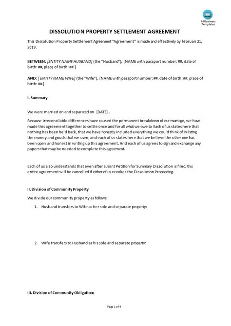 Business Dissolution Agreement Template Prntbl