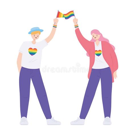 Lgbtq Community Young Women With Rainbow Flags And Hearts Love Gay