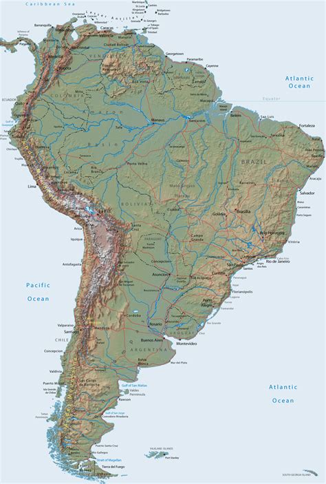 Large Detailed Relief Map Of South America South America Large