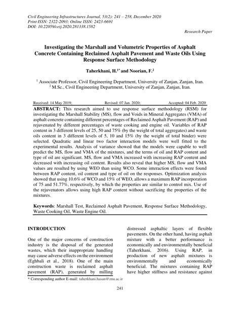 Pdf Investigating The Marshall And Volumetric Properties Of Asphalt Concrete Containing
