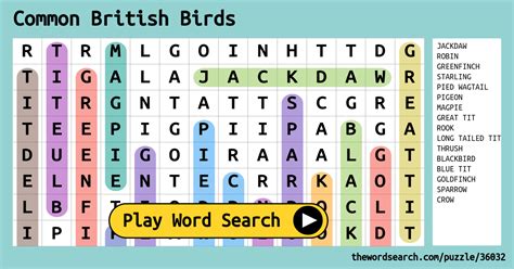 Common British Birds Word Search