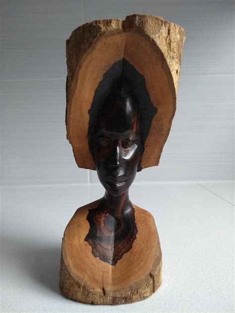 Vintage Hand Carved African Tribal Woman Ebony Wood Sculpture Bust In