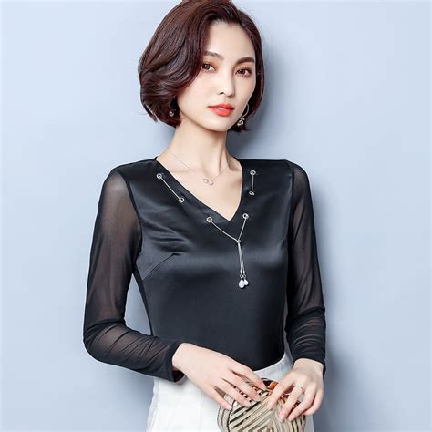 2018 New Autumn Women Shirts Solid Full Sleeve Meshp Silk