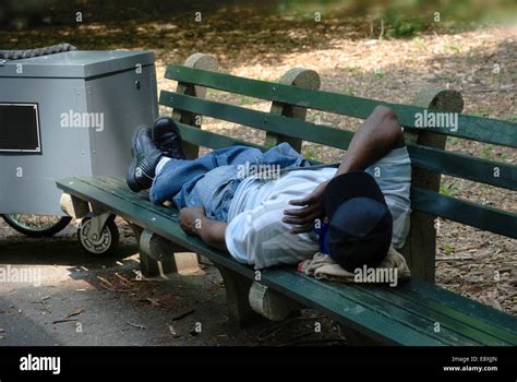 Worker Sleeping On Park Bench Stock Photo Alamy