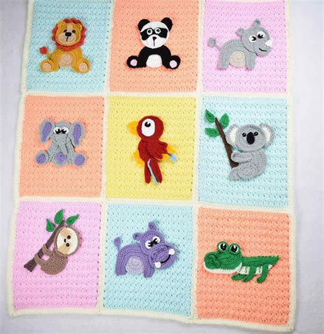 Crochet Safari Jungle Baby Blanket With 9 Animal Appliques