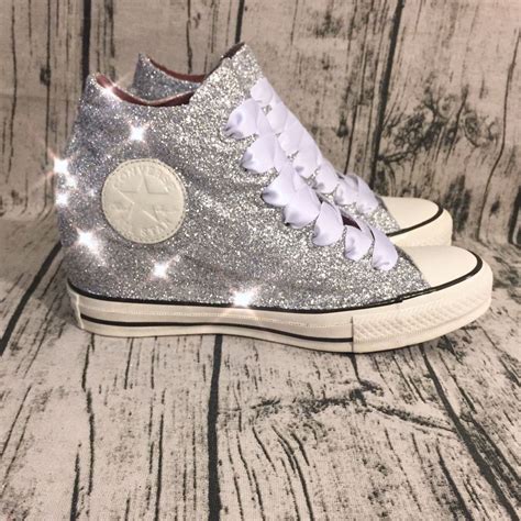 Womens Sparkly Glitter Converse All Stars Lux Wedge Heel Silver