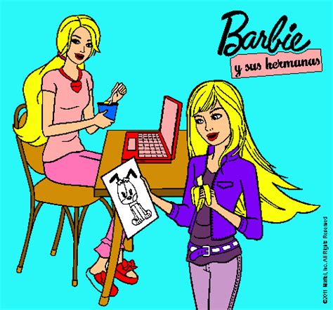 Dibujo de Barbie y su hermana merendando pintado por Bella en Dibujos net el día a
