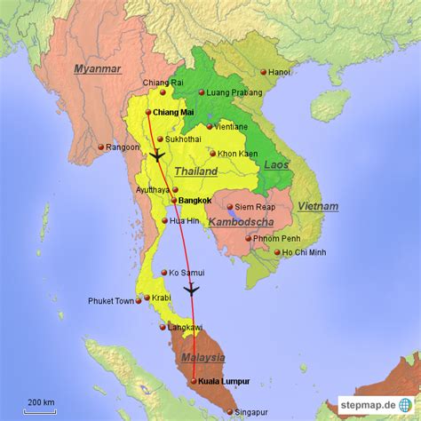 StepMap Chiang Mai Bangkok Kuala Lumpur Landkarte für Asien