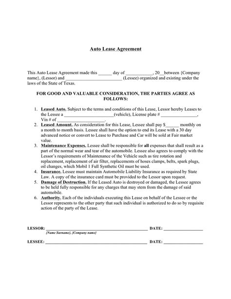 Vehicle Lease Template