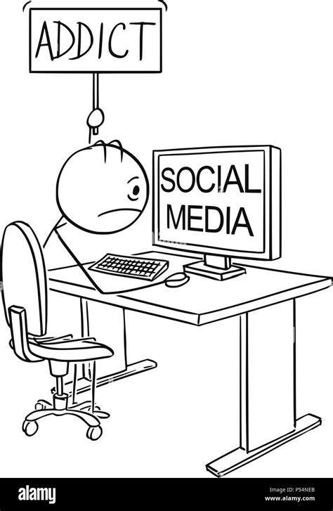 Cartoon Of Man Or Businessman Addicted To Social Media Holding Addict