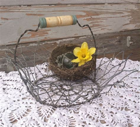 Antique Wire Egg Basket With Wooden Handle Vintage Farmhouse Etsy