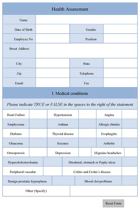 Health Assessment Form Editable Forms