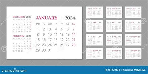 Wall Calendar Template For 2024 Year In Minimalist Style Stock