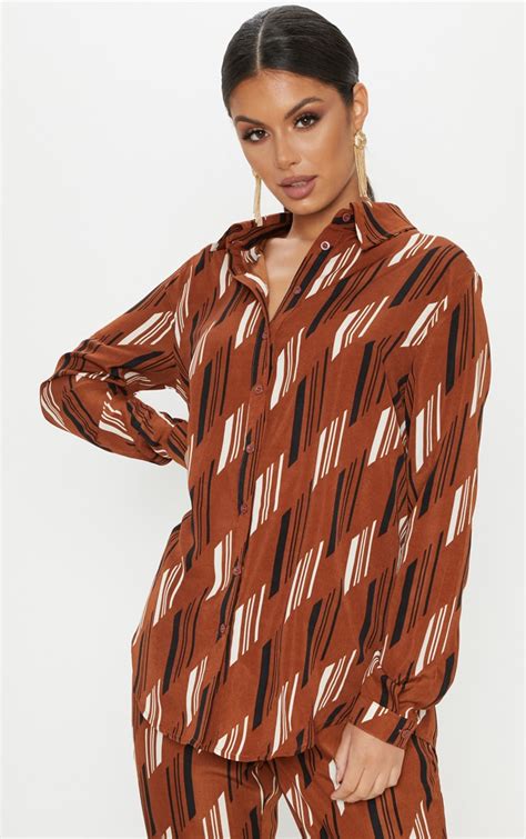 Brown Printed Oversized Shirt Tops Prettylittlething Usa