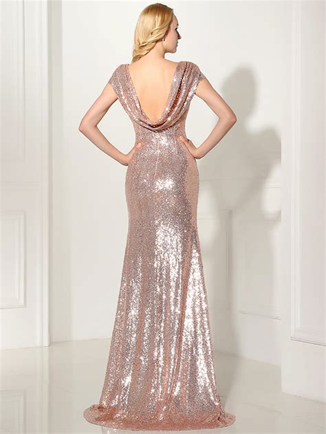Rose Gold Sequin Open Back Maxi Bridesmaid Dress Sheinsheinside